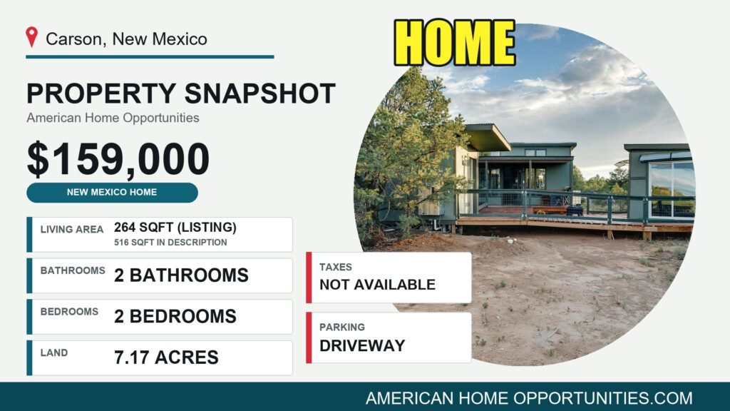 Price card for a cheap off-grid homestead with land for sale in Carson, New Mexico — $159,000, 7.17 acres