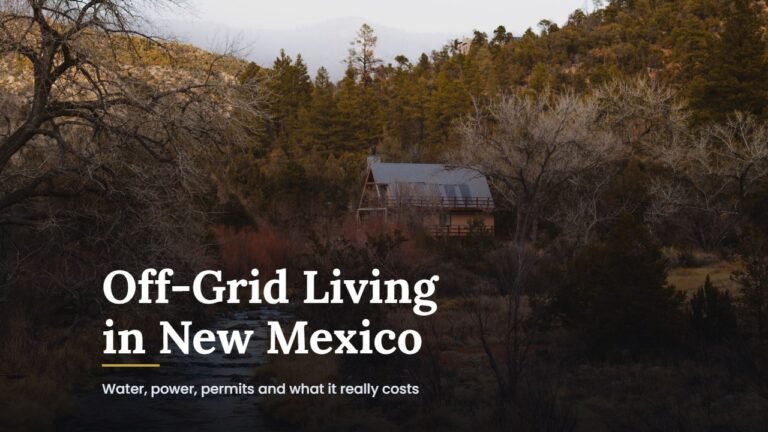 Cabin among pines and bare cottonwoods above a creek in the mountains of New Mexico, with the title Off-Grid Living in New Mexico