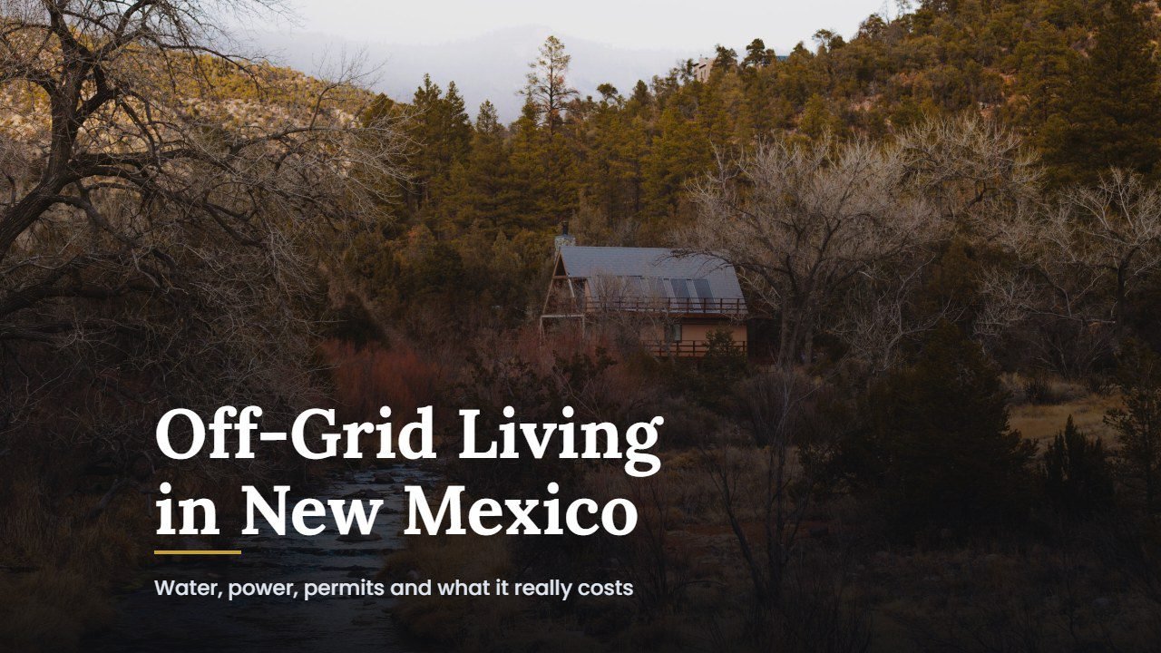 Cabin among pines and bare cottonwoods above a creek in the mountains of New Mexico, with the title Off-Grid Living in New Mexico