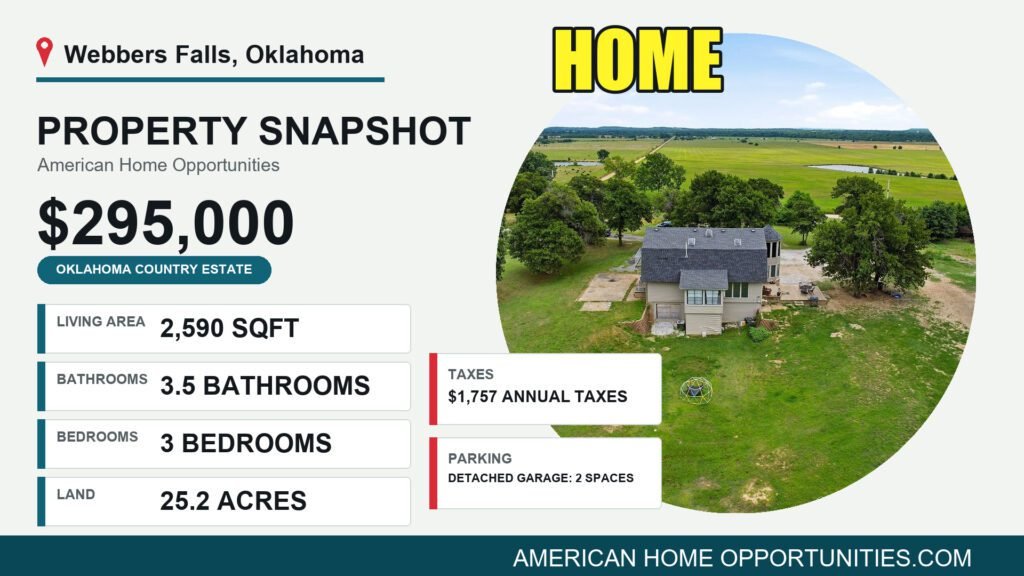 Price card for a cheap farmhouse with land for sale in Webbers Falls, Oklahoma — $295,000, 25.2 acres
