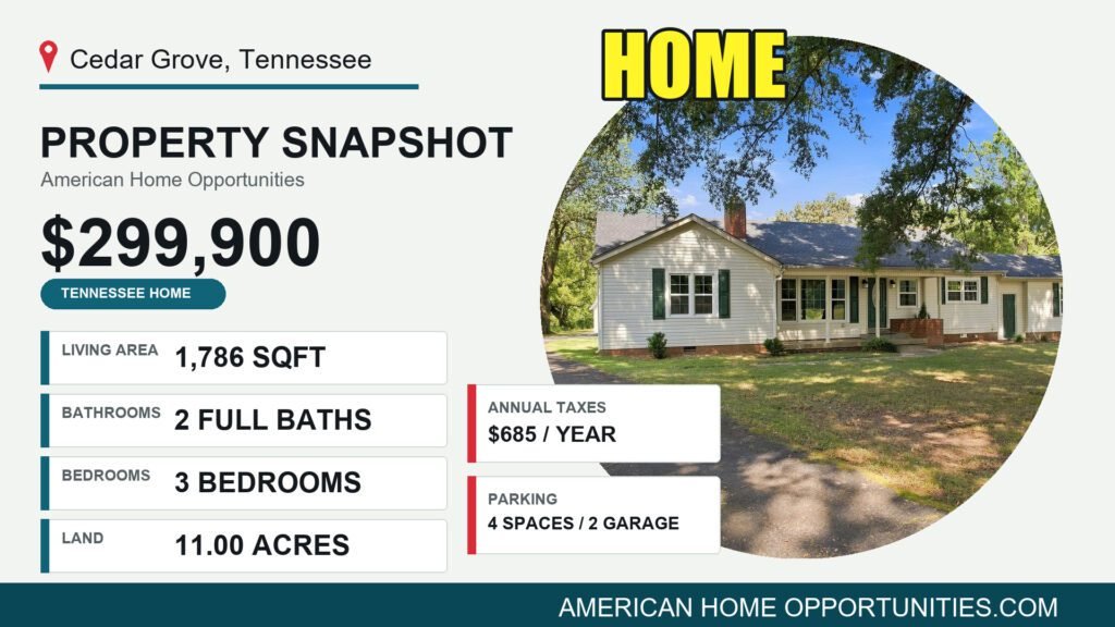 Price card for a cheap home with land for sale in Cedar Grove, Tennessee — $299,900, 11 acres