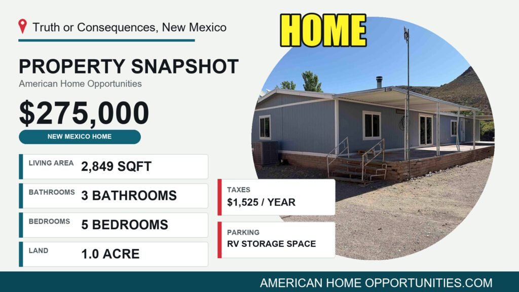 Price card for a cheap riverfront property with land for sale in Truth or Consequences, New Mexico — $275,000, 1 acres