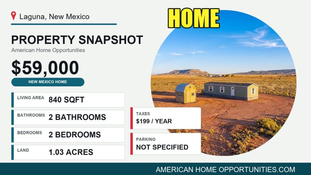 Price card for a cheap farmhouse with land for sale in Laguna, New Mexico — $59,000, 1.03 acres