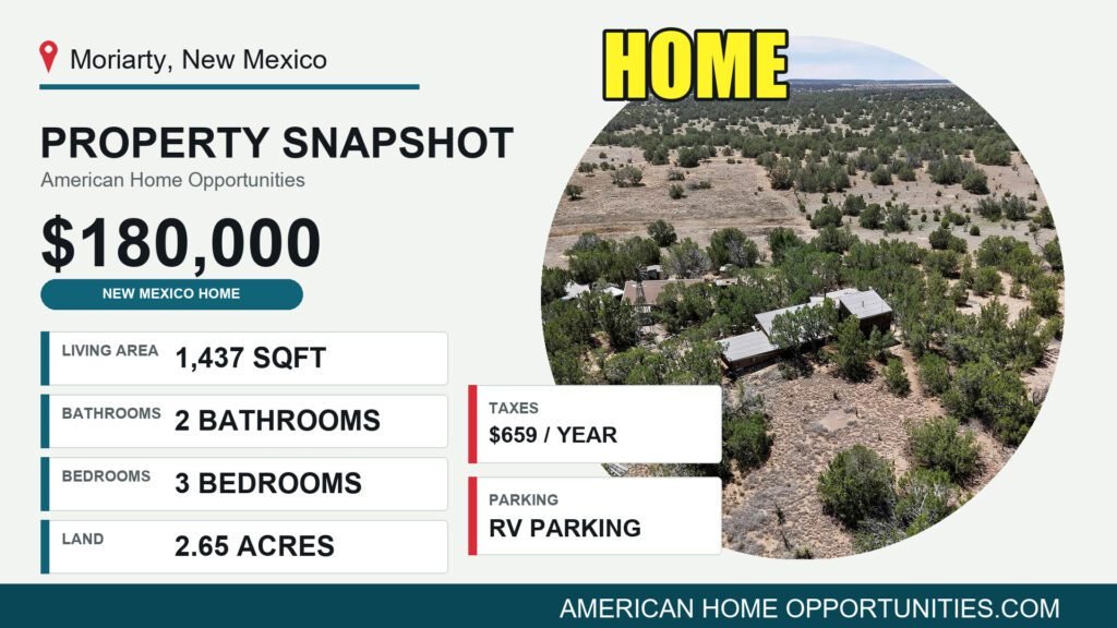 Price card for a cheap farmhouse with land for sale in Moriarty, New Mexico — $180,000, 2.65 acres