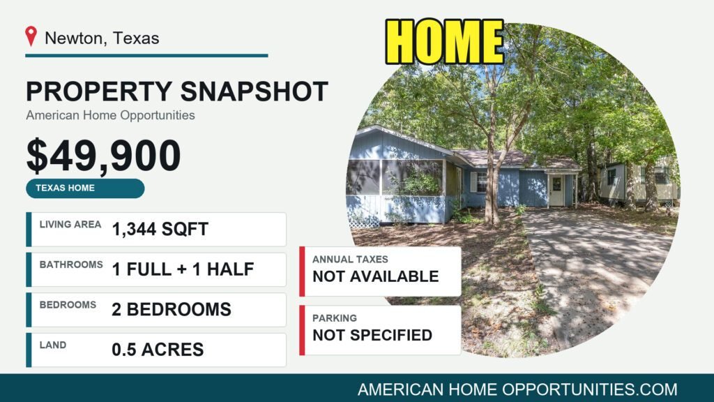 Price card for a cheap brick home for sale in Newton, Texas — $49,900, 0.5 acres