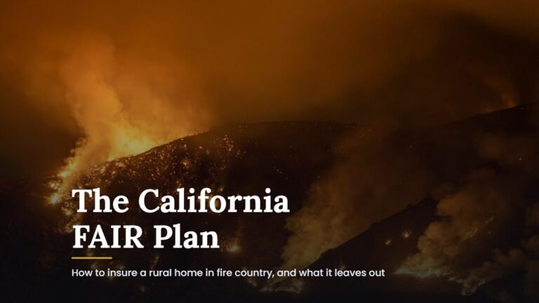 Wildfire burning across a mountainside at night in California, with the title The California FAIR Plan