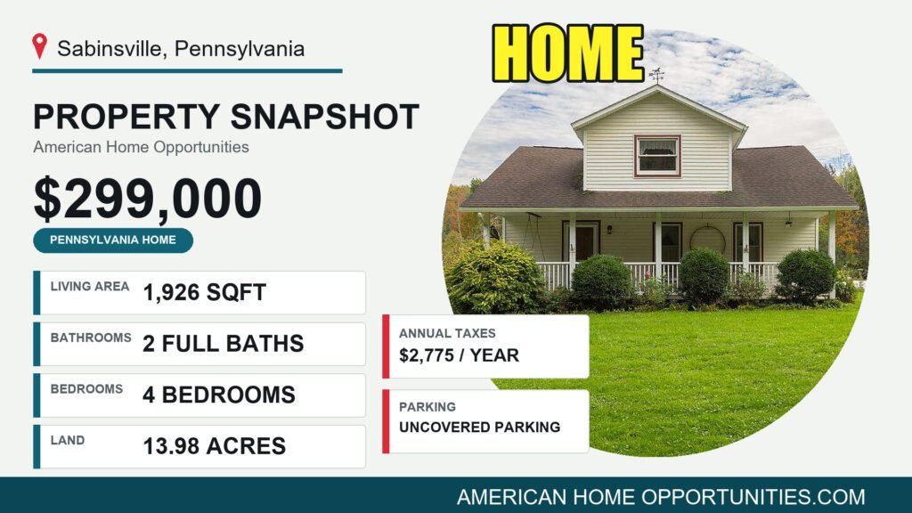 Price card for a cheap Cape Cod farmhouse with land for sale in Sabinsville, Pennsylvania — $299,000, 13.98 acres