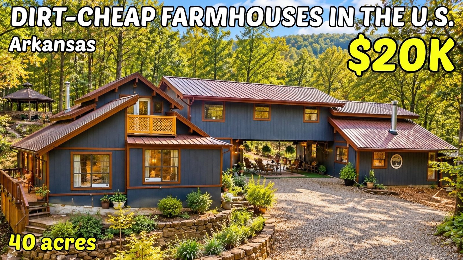 Digital illustration of a wooded Arkansas farmhouse, cover image for the article on ten homes with land in Arkansas, from $20,000 to $360,000