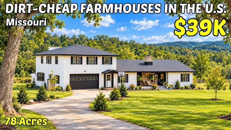 Digital illustration of a rural Missouri farmhouse, cover image for "Missouri Homestead for Sale: 10 Real Listings From $39,500 to $349,900"