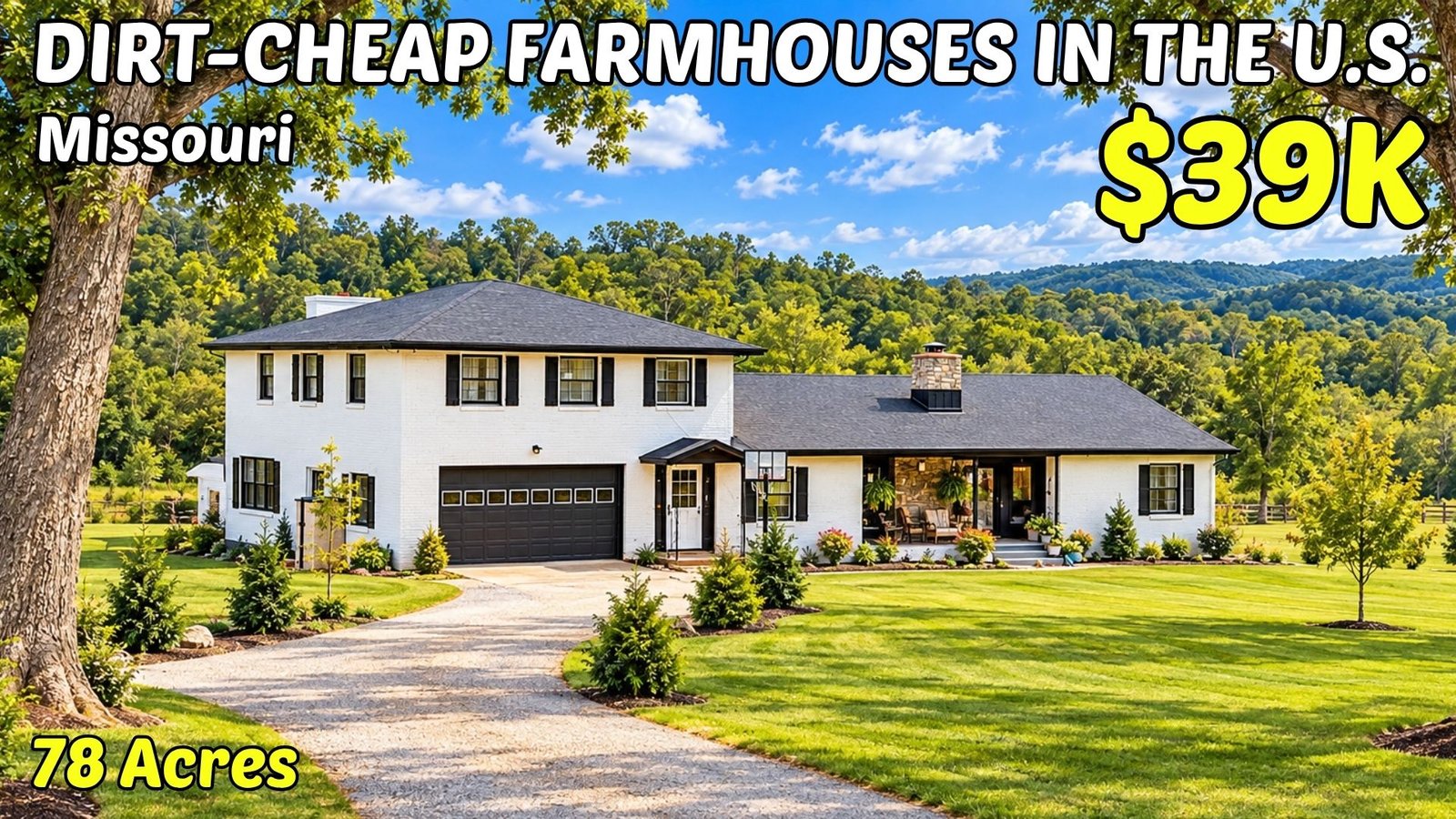 Digital illustration of a rural Missouri farmhouse, cover image for "Missouri Homestead for Sale: 10 Real Listings From $39,500 to $349,900"