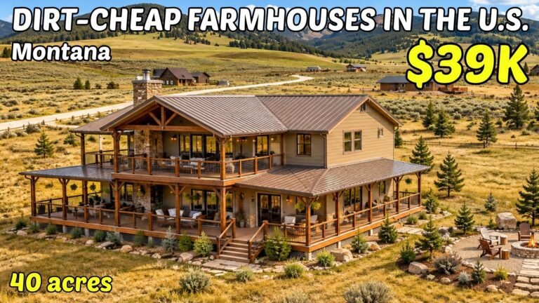 Digital illustration of a two-story Montana farmhouse with wraparound porches and mountains behind it, cover image for the AHO guide to Montana homes with land