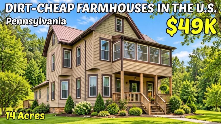 Digital illustration of a rural Pennsylvania farmhouse, cover image for the AHO video and article on cheap Pennsylvania houses with land