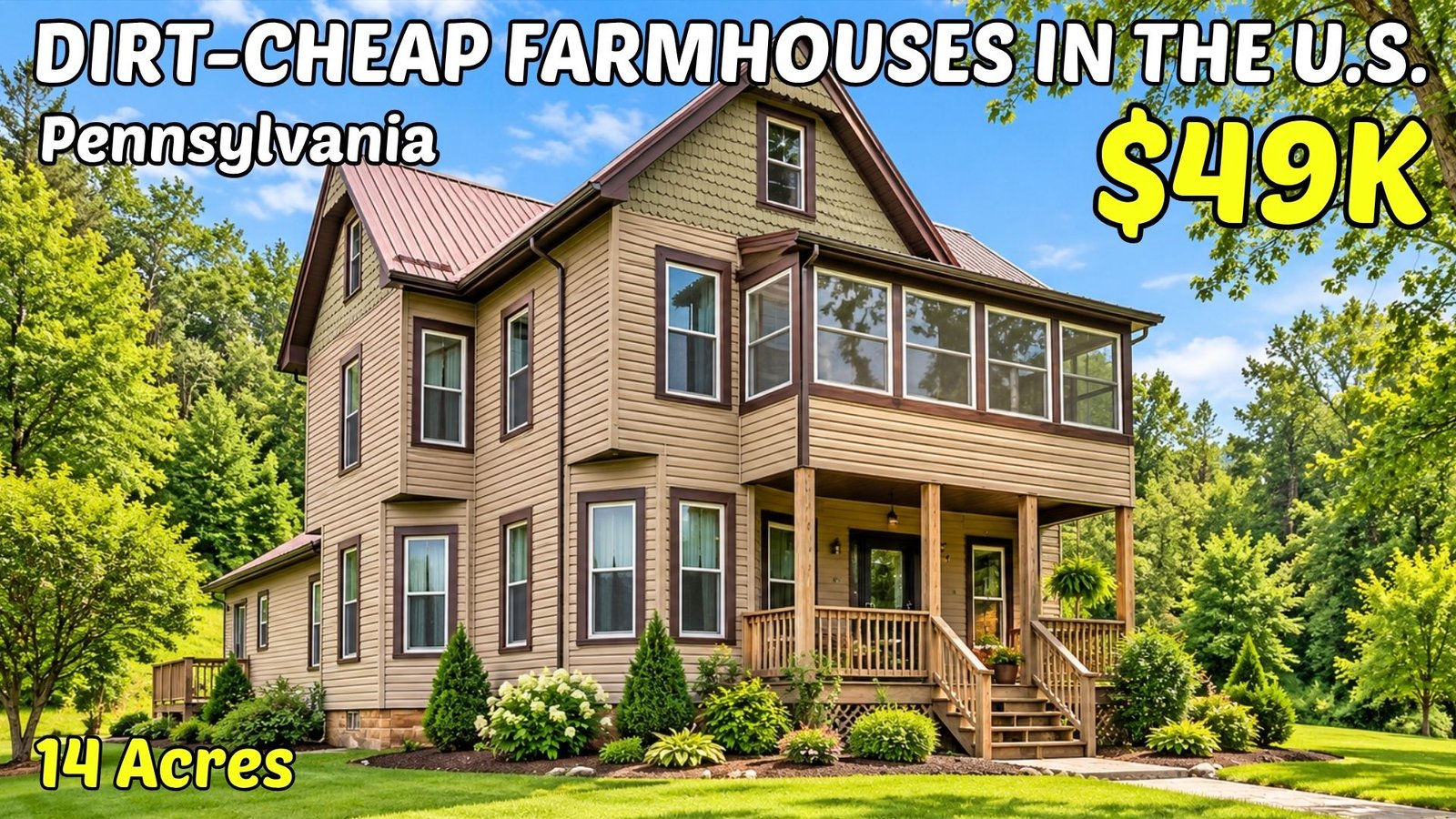Digital illustration of a rural Pennsylvania farmhouse, cover image for the AHO video and article on cheap Pennsylvania houses with land