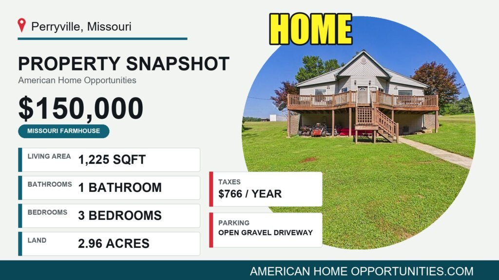 Price card for a cheap farmhouse with land for sale in Perryville, Missouri — $150,000, 2.96 acres