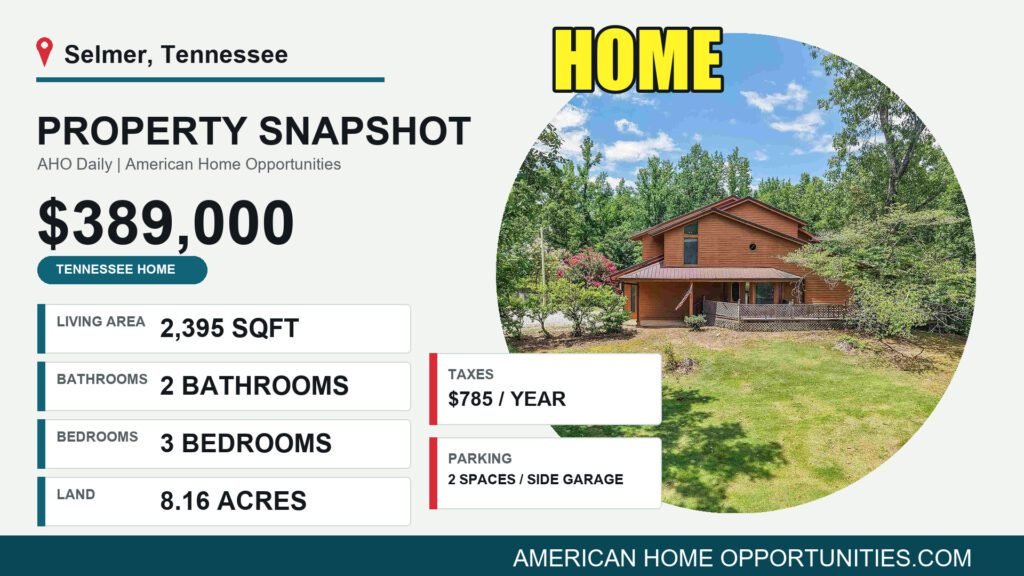 Price card for a cheap country home with land for sale in Selmer, Tennessee — $389,000, 8.16 acres