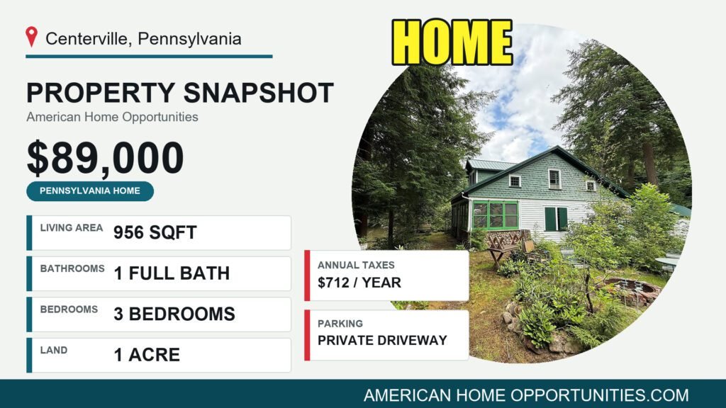 Price card for a cheap creekside camp for sale in Centerville, Pennsylvania — $89,000, 1 acres