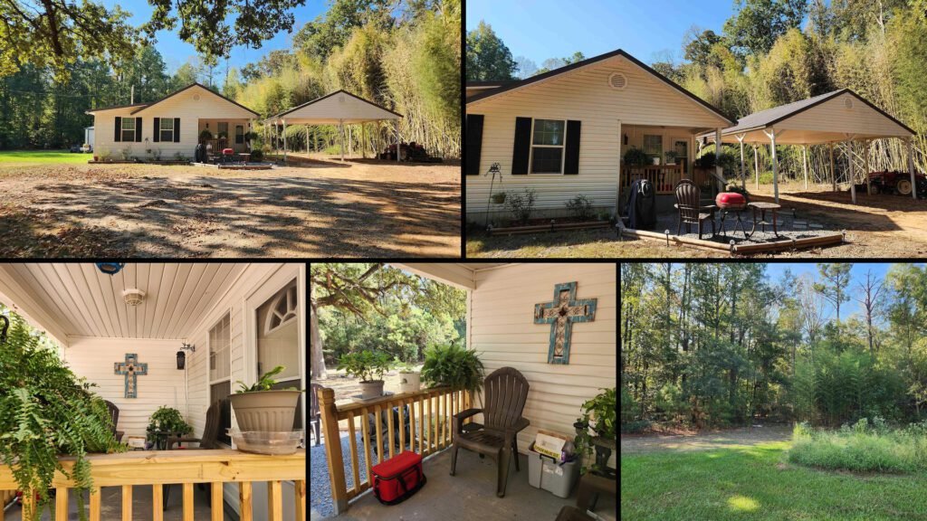 Exterior and land collage of a cheap farmhouse on 4.73 acres for sale in Star City, Arkansas