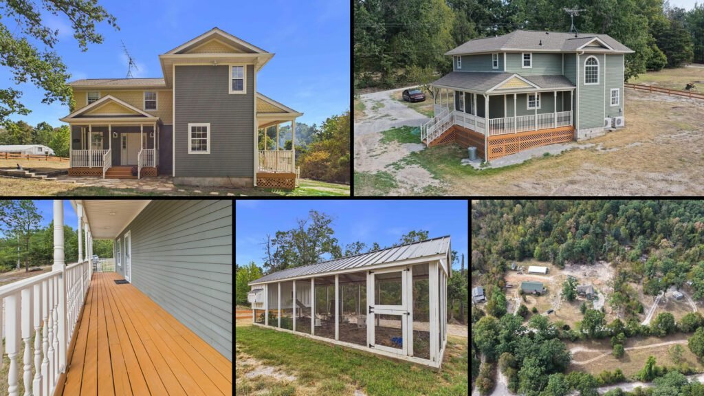 Exterior and land collage of a cheap farmhouse on 6.38 acres for sale in Mountain Home, Arkansas
