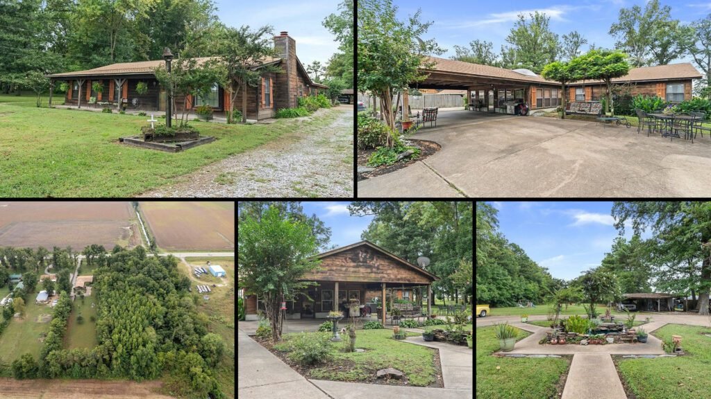 Exterior and land collage of a cheap farmhouse on 5 acres for sale in Proctor, Arkansas