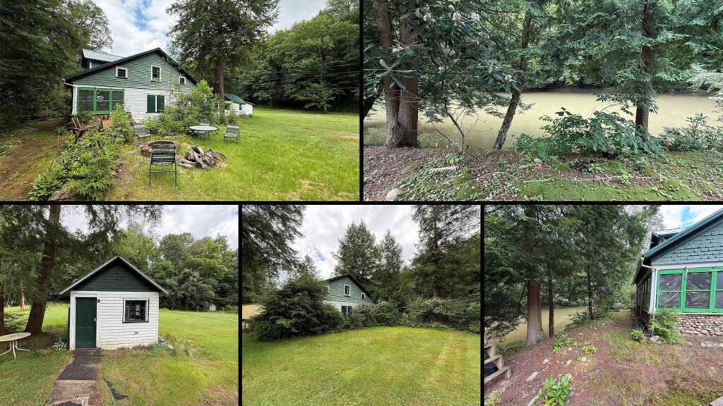 Exterior and land collage of a cheap creekside camp on 1 acres for sale in Centerville, Pennsylvania