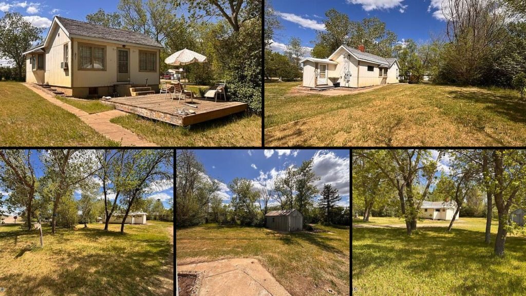 Exterior and land collage of a cheap cottage on 0.32 acres for sale in Westby, Montana