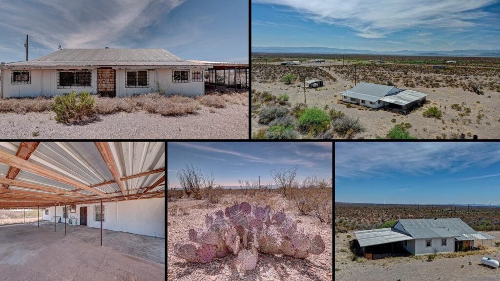 Exterior and land collage of a cheap desert home on 5 acres for sale in Presidio, Texas
