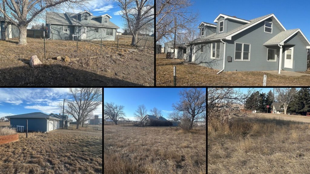 Exterior and land collage of a cheap Cape Cod house on 1.31 acres for sale in Gildford, Montana