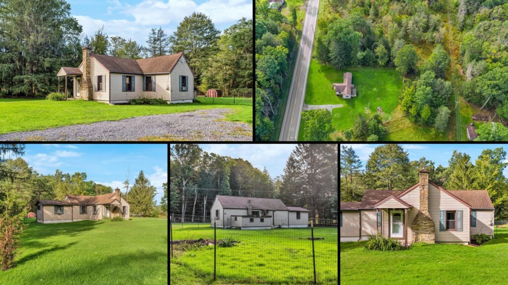 Exterior and land collage of a cheap ranch home on 3.32 acres for sale in Sigel, Pennsylvania