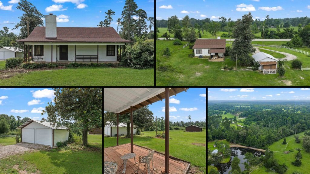 Exterior and land collage of a cheap country cottage on 16.78 acres for sale in Center, Texas