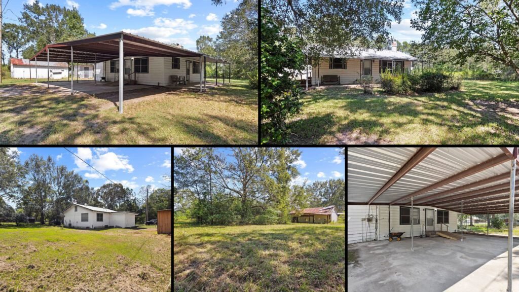 Exterior and land collage of a cheap country home on 2 acres for sale in Kountze, Texas