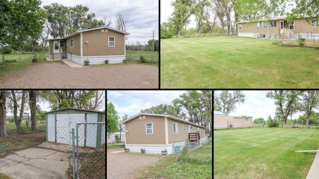 Exterior and land collage of a cheap manufactured home for sale in Glendive, Montana — $39,900