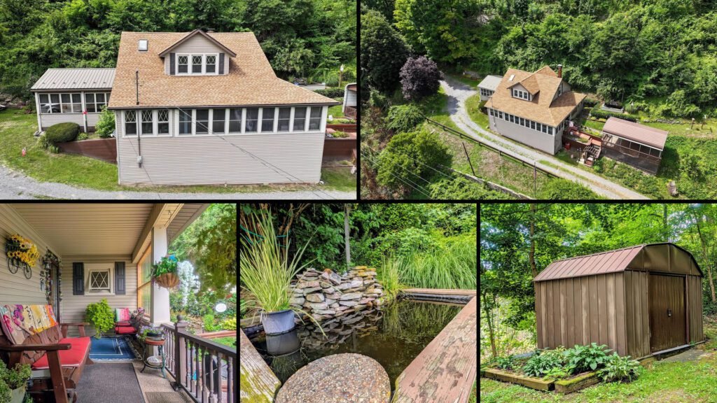 Exterior and land collage of a cheap cottage on 7.5 acres for sale in Six Mile Run, Pennsylvania