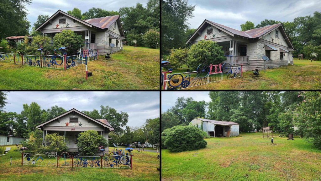 Exterior and land collage of a cheap farmhouse on 0.32 acres for sale in Kingsland, Arkansas
