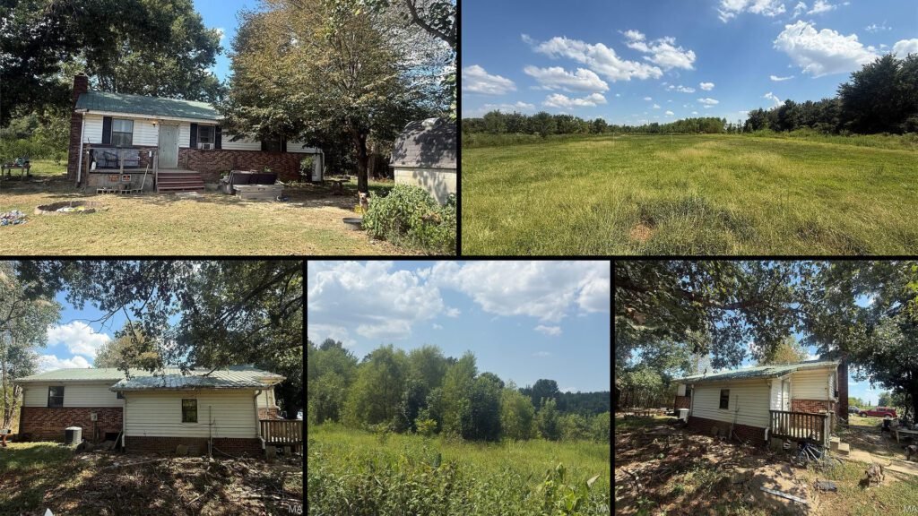 Exterior and land collage of a cheap farmhouse on 10 acres for sale in Qulin, Missouri