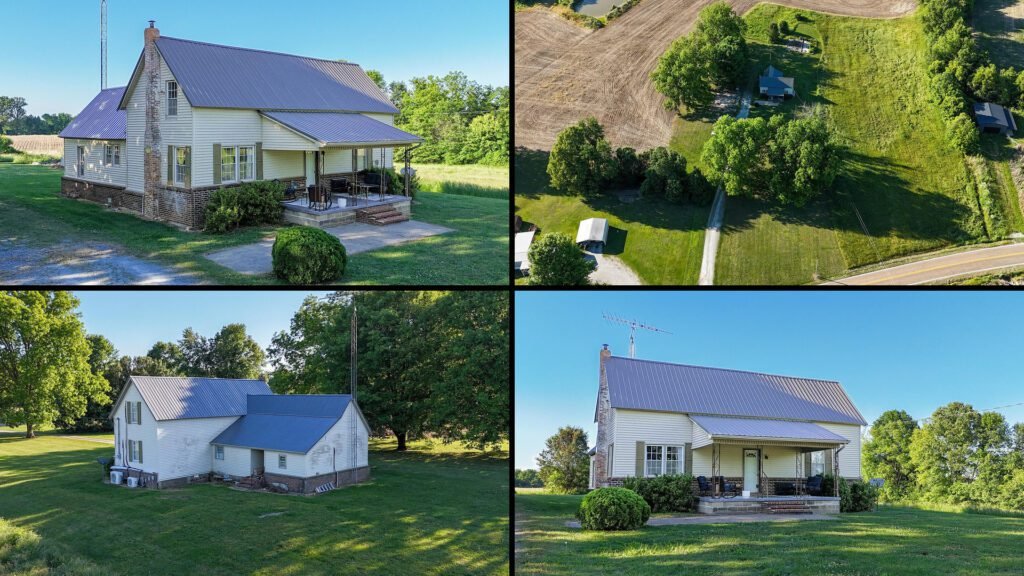 Exterior and land collage of a cheap farmhouse on 4 acres for sale in Sharon, Tennessee