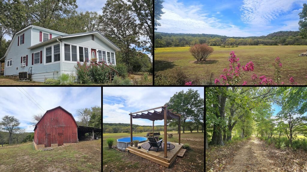 Exterior and land collage of a cheap farmhouse on 20 acres for sale in Drury, Missouri