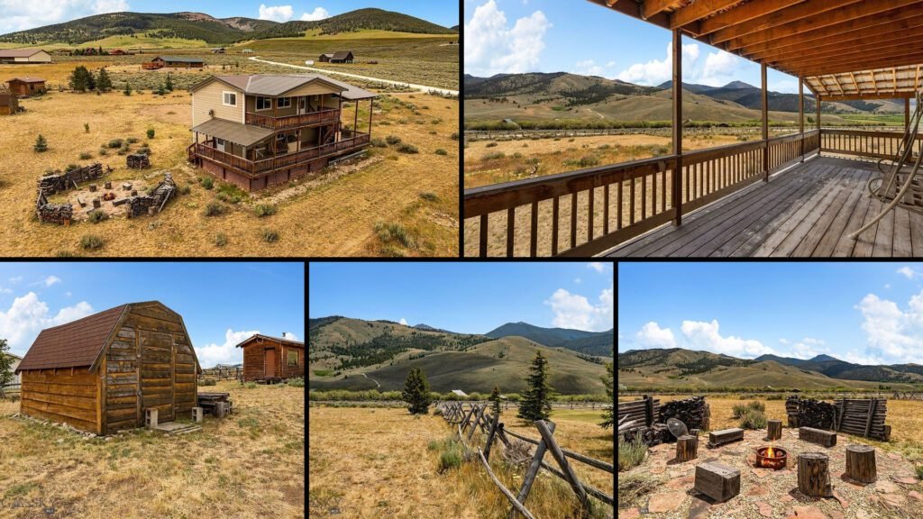Exterior and land collage of a cheap mountain cabin on 2.35 acres for sale in Polaris, Montana