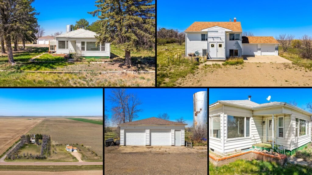 Exterior and land collage of a cheap house and duplex on 4.54 acres for sale in Chester, Montana