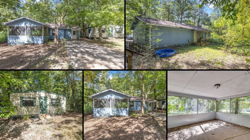 Exterior and land collage of a cheap brick home on 0.5 acres for sale in Newton, Texas