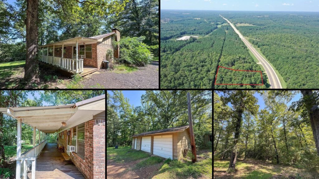 Exterior and land collage of a cheap brick home on 2 acres for sale in Atlanta, Texas