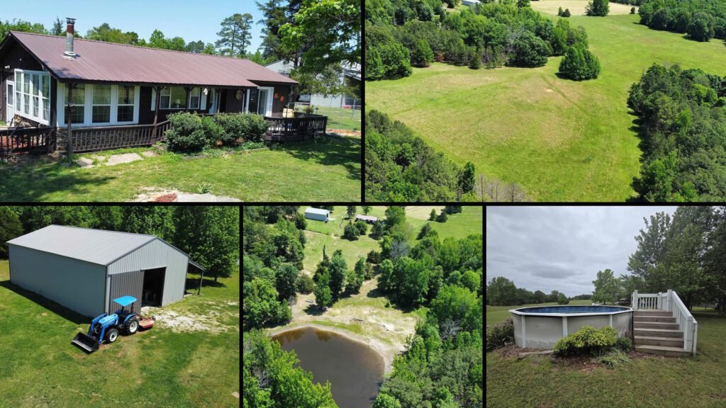 Exterior and land collage of a cheap farmhouse on 40 acres for sale in Fox, Arkansas