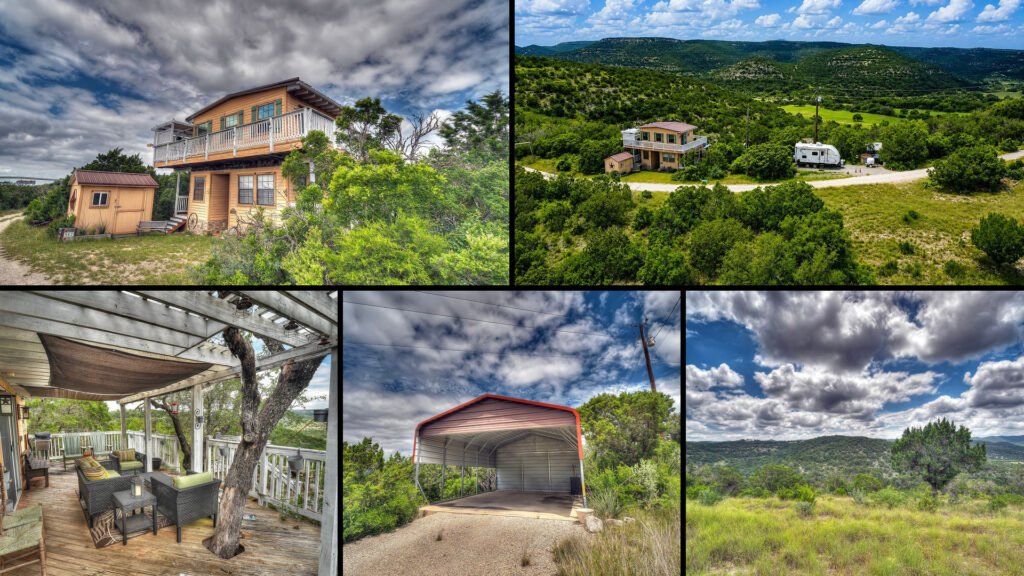 Exterior and land collage of a cheap hilltop cabin on 5.73 acres for sale in Camp Wood, Texas