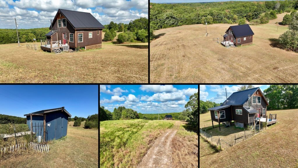 Exterior and land collage of a cheap farmhouse on 4.07 acres for sale in Noel, Missouri