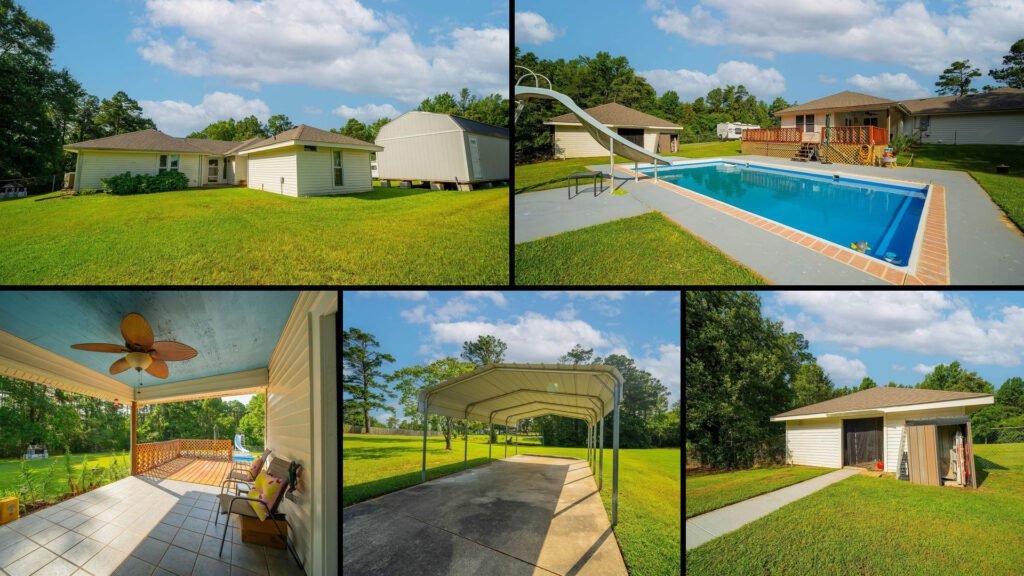 Exterior and land collage of a cheap farmhouse on 5.75 acres for sale in Monticello, Arkansas