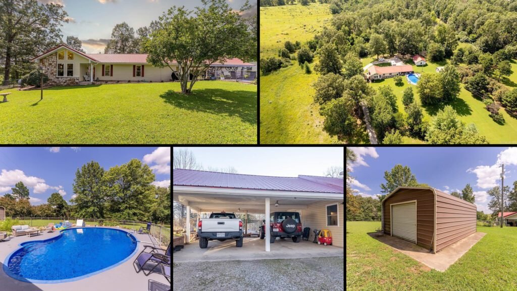 Exterior and land collage of a cheap farmhouse on 20.1 acres for sale in Alton, Missouri