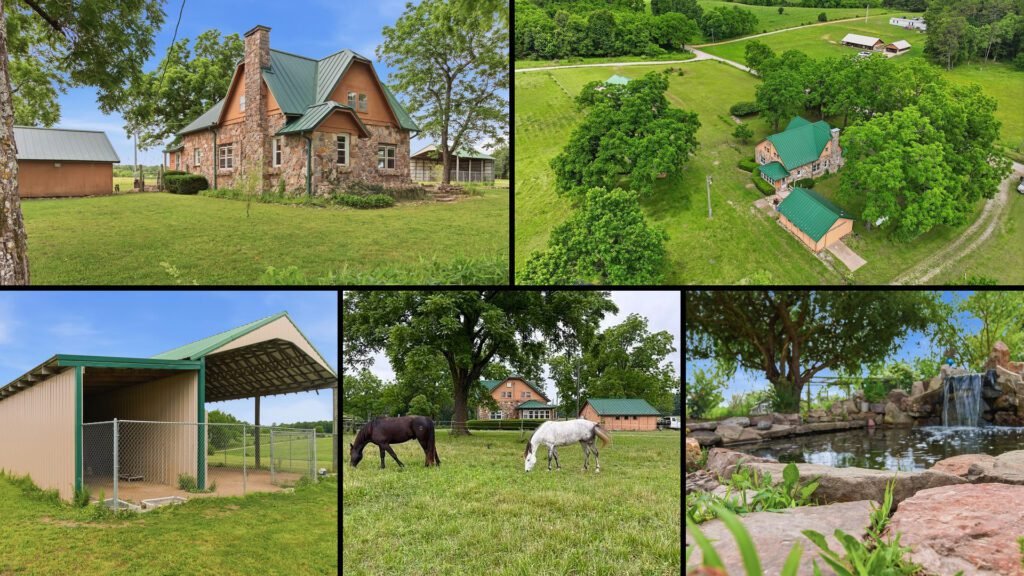 Exterior and land collage of a cheap farmhouse on 5 acres for sale in Dora, Missouri