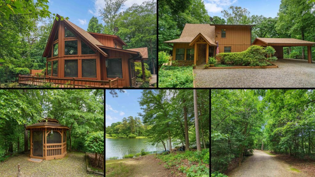 Exterior and land collage of a cheap lakefront home on 5.44 acres for sale in Hughes Springs, Texas