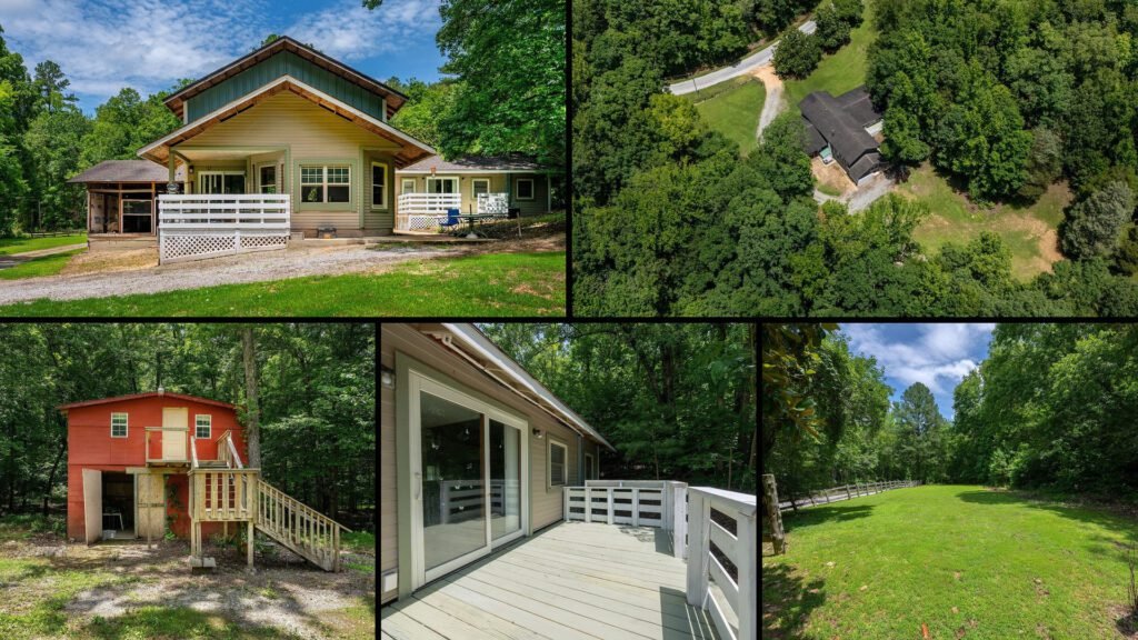 Exterior and land collage of a cheap country home on 16.2 acres for sale in Linden, Tennessee
