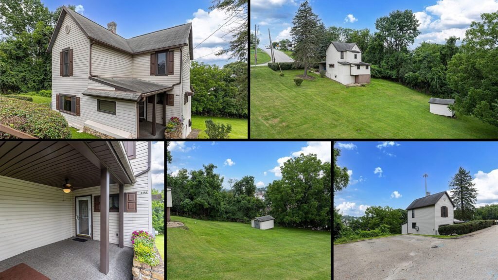 Exterior and land collage of a cheap fixer-upper home for sale in Washington, Pennsylvania — $49,900