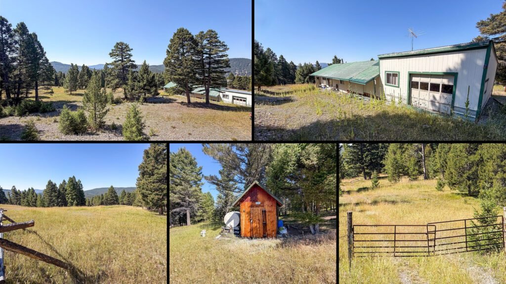 Exterior and land collage of a cheap mountain cabin on 18.5 acres for sale in Helmville, Montana